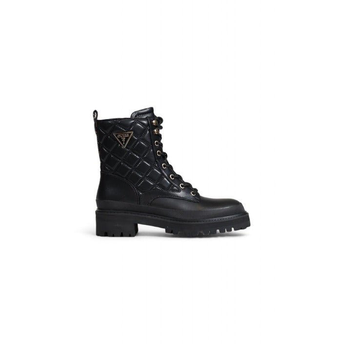 Guess Logo All Black Quilted Vegan Leather Lace-Up Boots