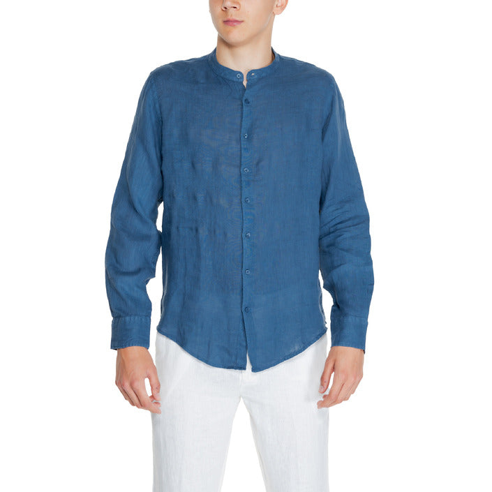 Borghese Minimalist 100% Linen Collarless Shirt - blue