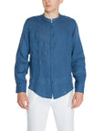 Borghese Minimalist 100% Linen Collarless Shirt - blue