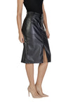 Vila Black Midi Skirt Front Slit Leather-Look