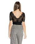 Morgan De Toi Black Lace Sheer Deep V-Neck Short Sleeve Top