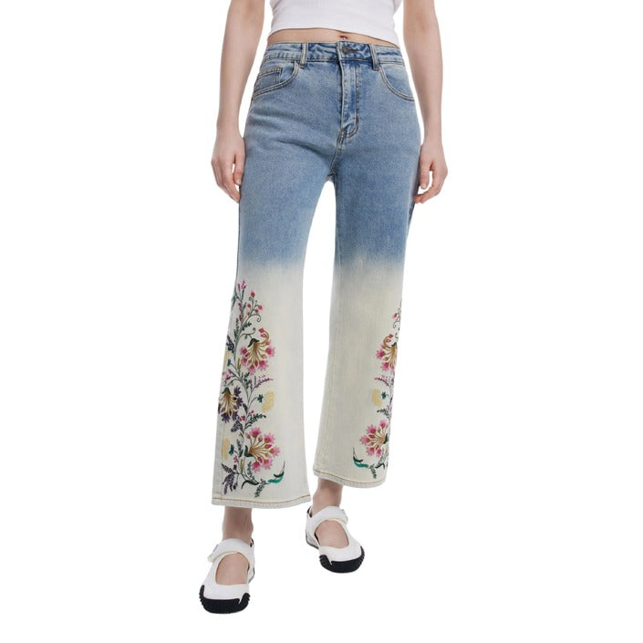 Desigual Bleached & Floral Patterned Ankle Cut Flared Jeans