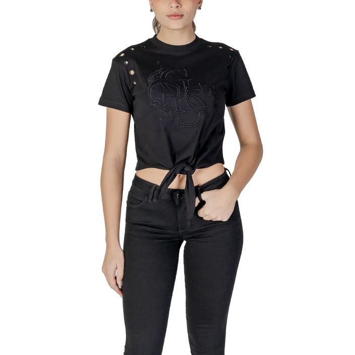 Guess Logo Black Cropped Front Tie Top 100% Cotton