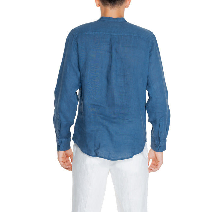 Borghese Minimalist 100% Linen Collarless Shirt - blue