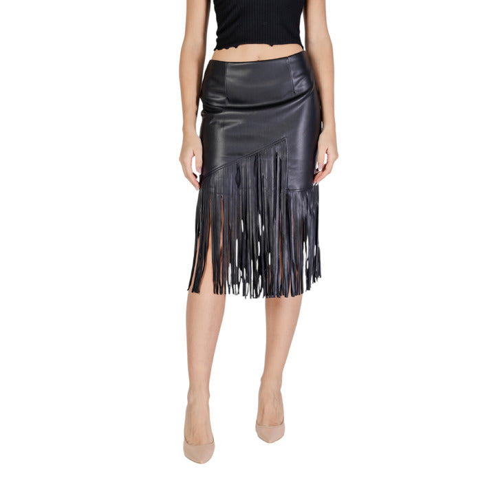 Vila Black Tassel Fringe Trim Midi Skirt Leather-Look