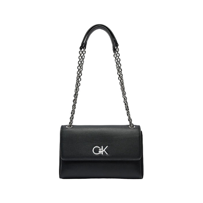 Calvin Klein Logo Structured Black Vegan Leather Bag With Semi-Chain Strap