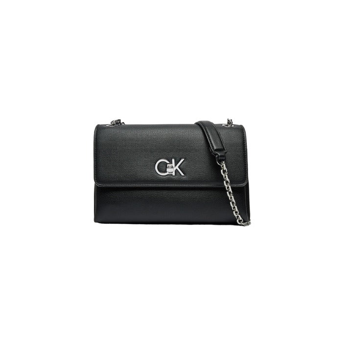 Calvin Klein Logo Structured Black Vegan Leather Bag With Semi-Chain Strap