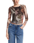 Desigual Sheer Long Sleeve Top Abstract Pattern