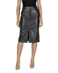 Vila Black Midi Skirt Front Slit Leather-Look