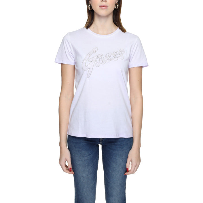 Guess Embellished Logo Pure Cotton T-Shirt - lilac