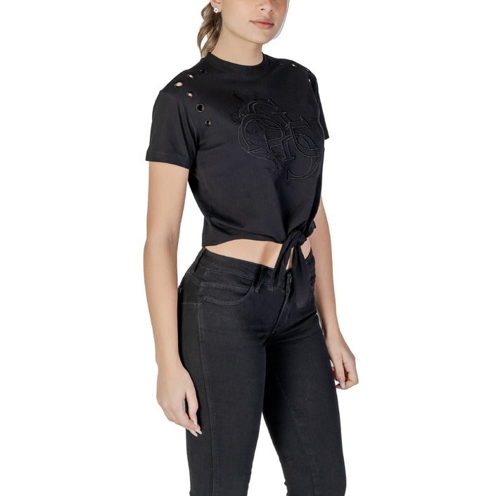 Guess Logo Black Cropped Front Tie Top 100% Cotton