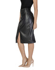 Vila Black Midi Skirt Front Slit Leather-Look