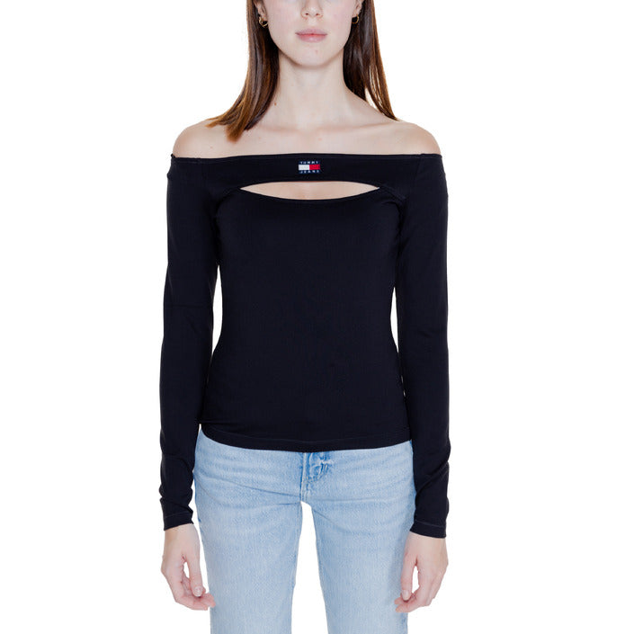 Tommy Hilfiger Jeans Logo Black Off-Shoulder Long Sleeve Top With Chest Cut Out