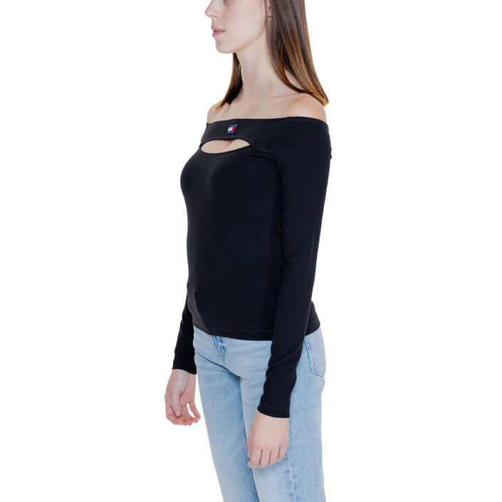 Tommy Hilfiger Jeans Logo Black Off-Shoulder Long Sleeve Top With Chest Cut Out